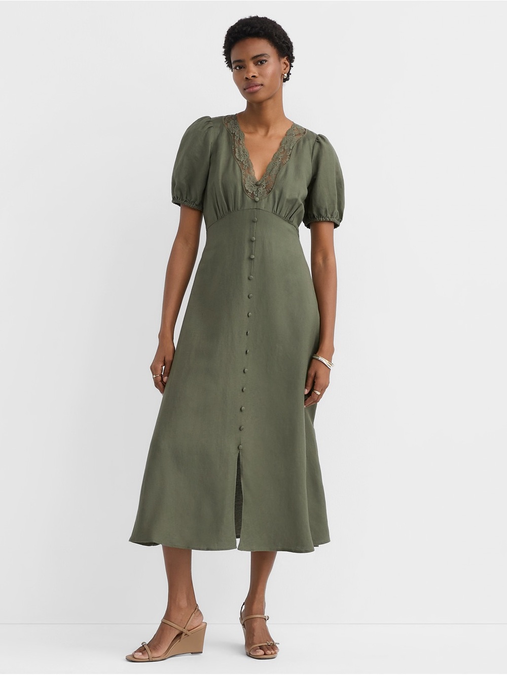 LOFT Olive Puff-Sleeve Button-Front Midi Dress - Picture 3 of 3